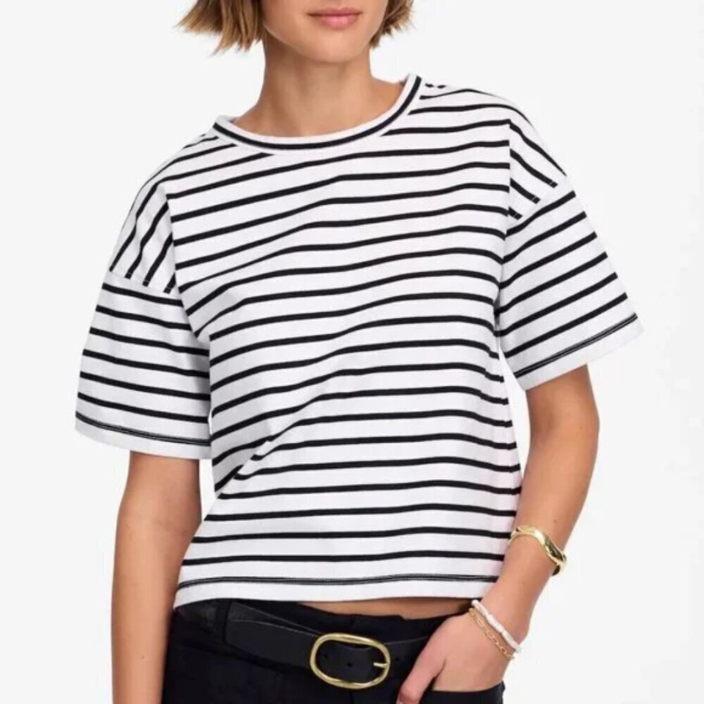 Madewell Everyday Boxy Crop Tee White Black Stripes Size XXS NWT